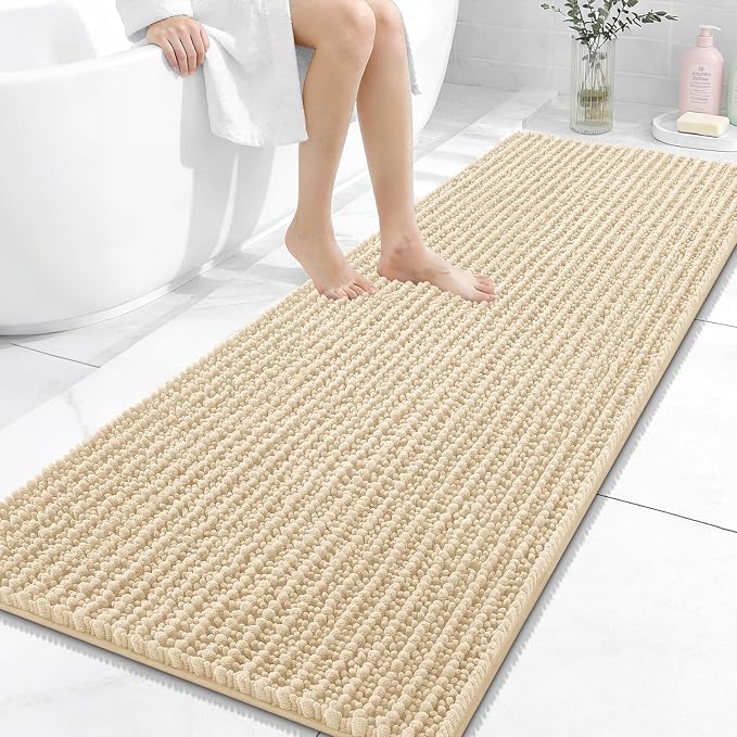 OLANLY Bathroom Runner Rugs 59x24, Thick Soft Absorbent Chenille Bath Rugs | Beige, Quick-Drying Rubber Backing, Long Shaggy Bath Mat, Machine Washable for Floor, Tub and Shower, Home Decor Accessories