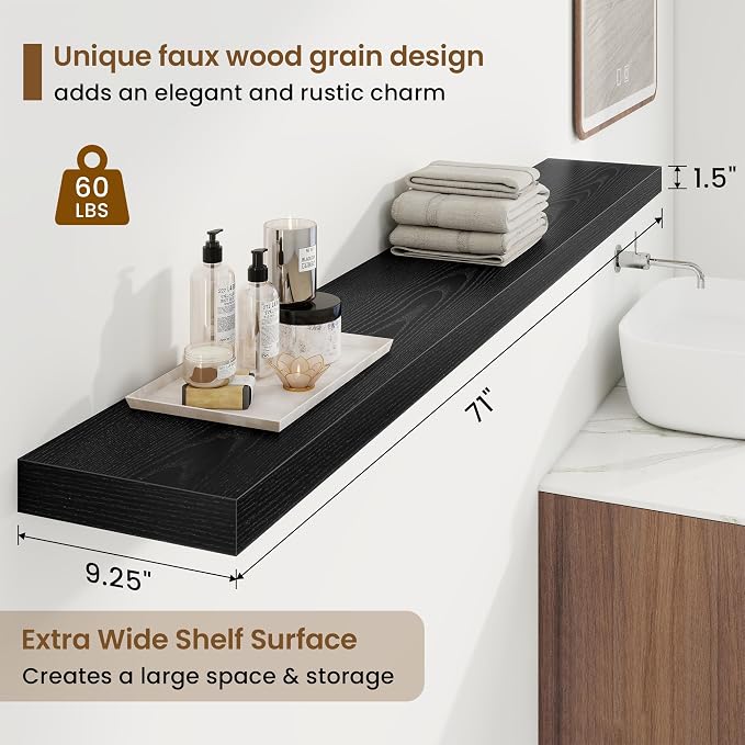 Marsmiles 9.25in Depth 72in Floating Shelves, 72x9.25x1.4, Black, Set of 1 | Long Wall Mounted Engineered Wood Shelves for Wall with Invisible Brackets for Living Room, Bedroom, Bathroom, Kitchen