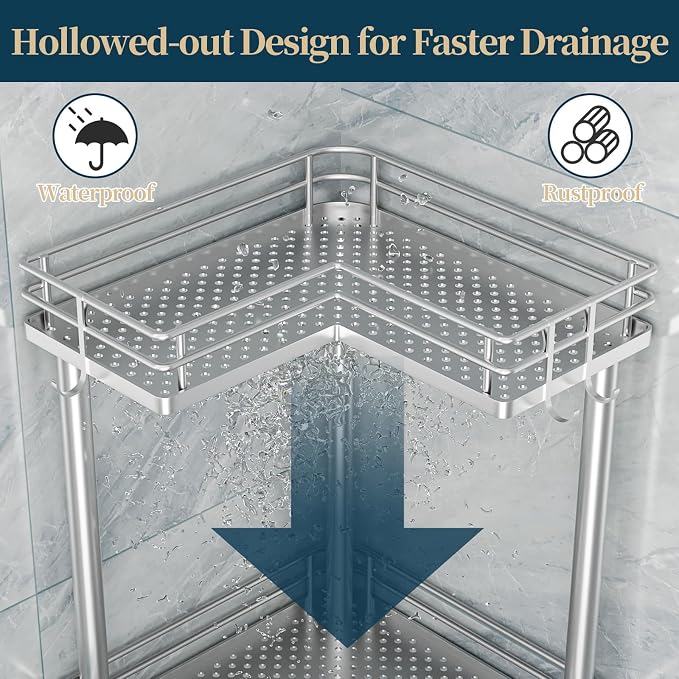 Consumest Corner Shower Caddy Standing - 3-Tier Stainless Steel Shower Organizer with Soap Holder and 4 Hooks, Large Capacity Corner Shelf Stand for Bathroom, Rest Room, Silver