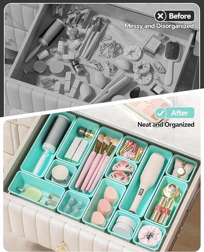 Canfanni 13 Pack Plastic Drawer Organizers Set, 3 Sizes Desk Drawer Organizer Trays for Vanity and Makeup Organizer, Organization and Storage for Makeup, Kitchen Utensils, Bathroom and Office(Blue)