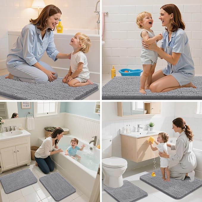 Arotive Bathroom Toilet Rugs Chenille U Shaped 24x24, Grey | Extra Soft Absorbent Shaggy Chenille Contour Bath Rugs for Toilet, Machine Washable Rubber Backing Contoured Bath Mats
