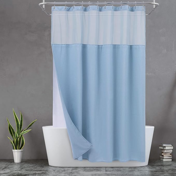 N&Y HOME Waffle Weave Shower Curtain with Snap-in Liner Set Blue, 71x72 | 12 Metal Hooks Included, Snap on/off Fabric Liner, Mesh Window, Washable, Hotel Style Blue Shower Curtain Set for Bathroom