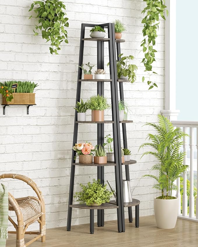 Hoctieon Corner Shelf, 5-Tier Corner Bookshelf, Rustic Ladder Shelf, Industrial Display Stand for Living Room, Kitchen, Home Office, Balcony, Small Space, Metal Frame, Grey