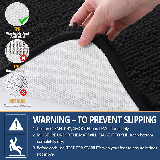 Arotive Bathroom Rugs 34x21, Soft Absorbent Shaggy Chenille Bath Rugs | Black, Machine Washable Rubber Backing Bath Mats for Bathroom Floor Tub and Shower Home Decor Accessories