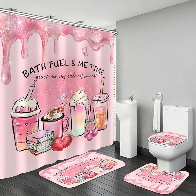 LQCOOL Pink Shower Curtain Set with Rugs,Waterproof Bathroom Sets Pink Shower Curtain with 12 Hooks for Bathroom Decor,Toilet Lid Cover & U-Shaped Mat | Sweet and Pink,Waterproof Polyester & Soft Flannel.12 Hooks, Toilet Lid Cover & U-Shaped Mat for Mo...