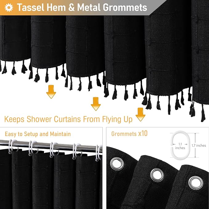 60x72 Boho Farmhouse Linen Heavy Duty Fabric Shower Curtain Set, Black | Narrow Size, 330GSM Linen Blend, 3-side Tassels, Water Repellent Cloth, 10 Plastic Hooks, Rustic Bohemian, Machine Washable