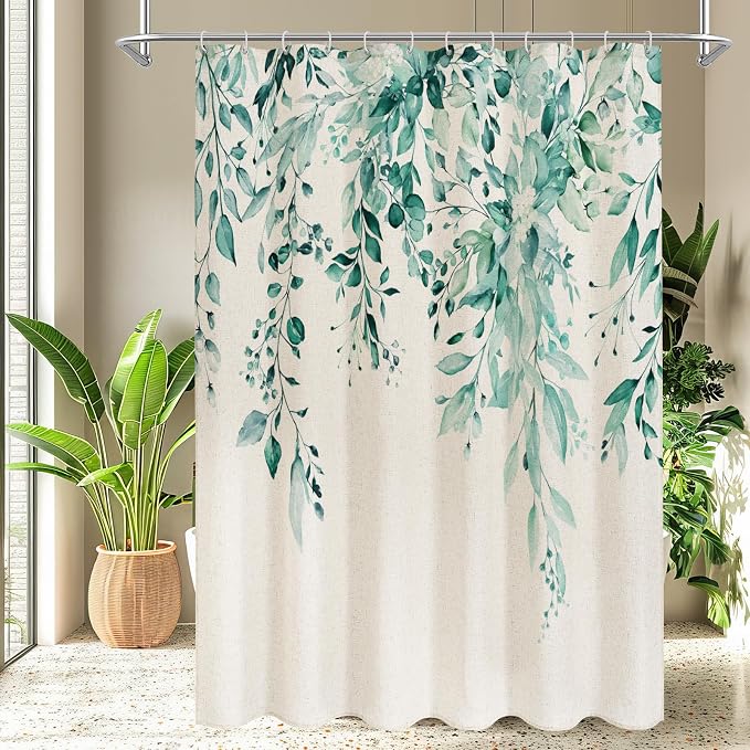 Teal Linen Eucalyptus Shower Curtain, Watercolor Floral, 72x72 | Watercolor Plant Leaves Floral Print, Polyester Linen Blend Bathroom Decor, Machine Washable, Rustproof Grommets