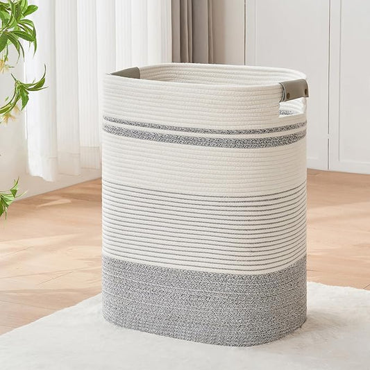 Laundry Hamper, 85L Cotton Rope Laundry Basket, Grey & White | Foldable nursery hamper with leather handles; store blankets, toys, baby clothes and laundry in bedroom or living room
