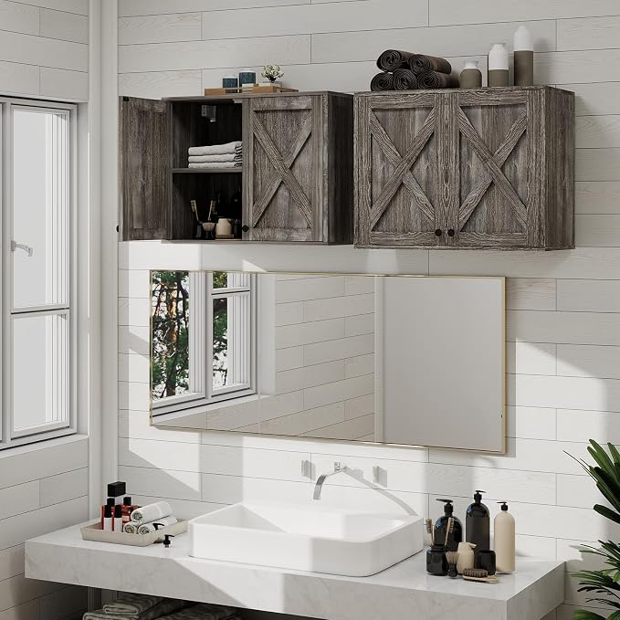 YOURLITE Laundry Cabinet, Medicine Cabinet, Bathroom Kitchen Storage Wall Mounted Farmhouse Organizer with Shelves Over Toilet, One Set of 2 Pieces X 24", Grey