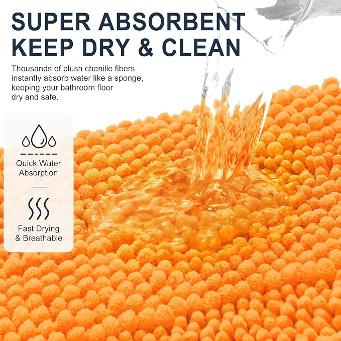 Smiry Thick Small Chenille Bathroom Rugs 24x16, Absorbent Bath Mat, Orange | Quick‑Dry & Machine Washable, Non‑Slip Bath Carpet, Soft Striped Bath Rugs for Tub & Shower, Modern Home Decor Accessories