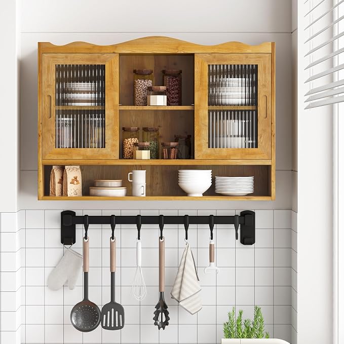 KEIKI 35.4" L Wall Mounted Kitchen Sideboard Cabinet with 2 Sliding Glass Door, 3 Layers Shelves, Retro Storage Buffet Medicine Cabinet for Bathroom, Dining Rooms, Entryway, Solid Wood, Natural