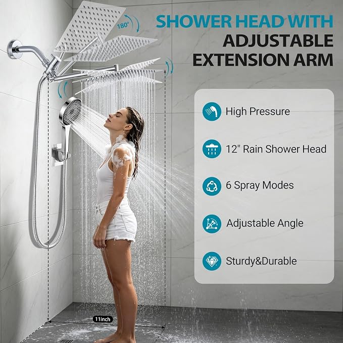 Shower Head, Rain Shower Head with Handheld Spray Combo, 12Inch Adjustable High Pressure Rainfall Shower Head, Dual Showerhead Set with Extension Arm