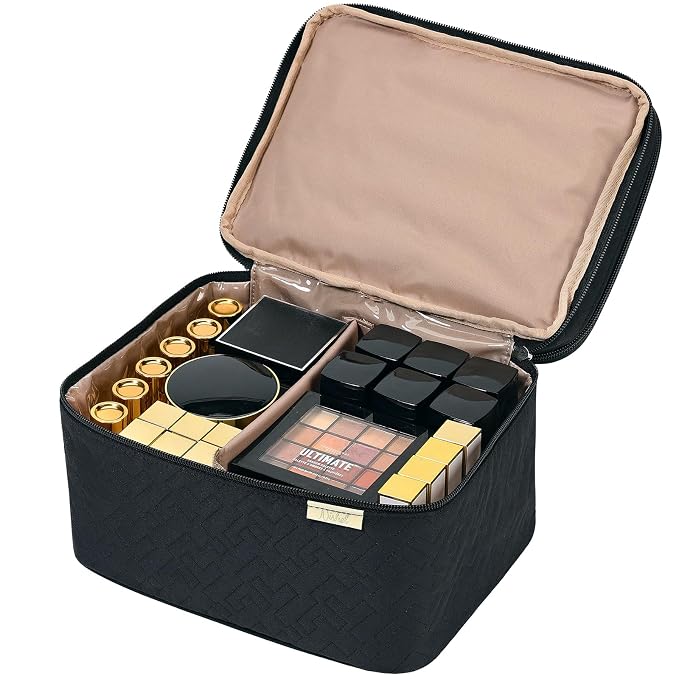 NISHEL Large Makeup Bag Organizer, Double Layer Cosmetic Travel Case | Organizer for brushes, bottles, makeup and skin care products, ideal for trips and daily use, Black, Large