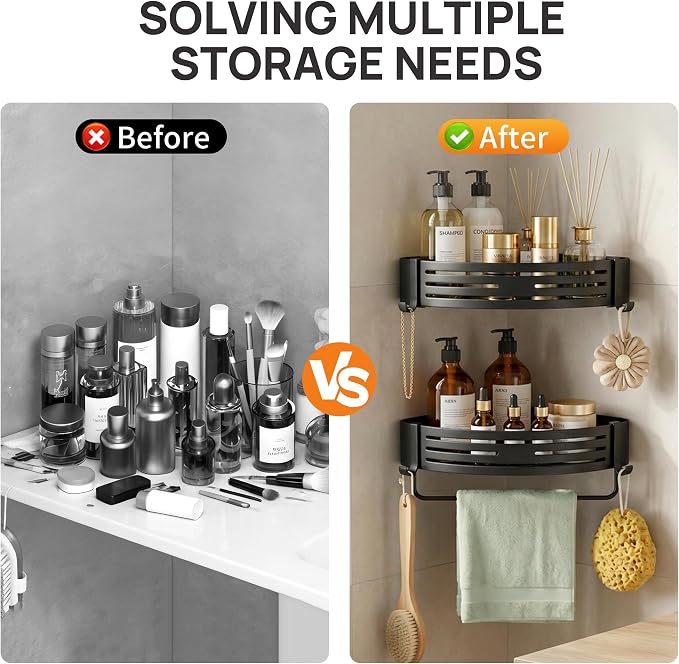Black Adhesive Triangle Shower Caddy with Towel Bar, Soap Dish and Hooks | No-drill black triangle shower basket with towel bar, soap dish and hooks for smooth tile, glass and stainless steel walls