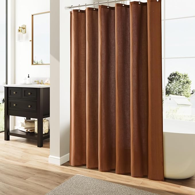 Rustic Brown Boho Linen Shower Curtain, Country Farmhouse Bath Decor Shower Curtains Neutral Cloth Weighted Textured Fabric Bath Curtain Liner with Hooks, 72x72
