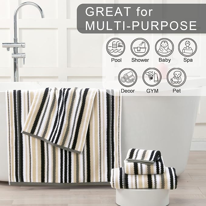 VOOVA & MOVAS Striped Towels 6 Pack, 100% Cotton, Black | Complete Bathroom Matching, Available in 13x13, 16x27, 28x52 In, Quick Dry, Highly Absorbent, Bath Towels with Hanging Loops