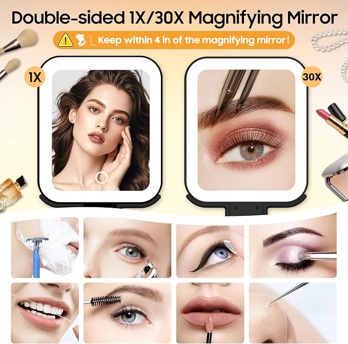 Small Travel Makeup Mirror with Lights(10" L x 5" W), Double-Sided 1X/30X Magnifying Mirror, 3 Color Lighting & Brightness Adjustable, Portable &Foldable Mirrors with Light (Black)