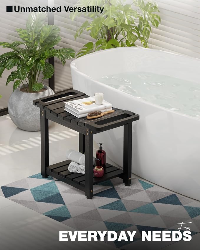 Bluewest 23.4 Inch Shower Bench Seat with Storage Shelf and Handle, Black | Waterproof Bathroom Spa Bench for Sitting Inside the Shower and Shaving Legs, with a Built-In Handle and Shower Head Holder.