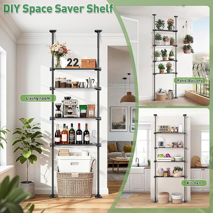 SUNALLY Over The Toilet Storage Shelf, Over Toilet Bathroom Organizer,Black | 4-Tier Adjustable Tension-Mounted Bathroom Storage Rack for Ceilings, No Drill Space-Saving Shelving for Small Rooms