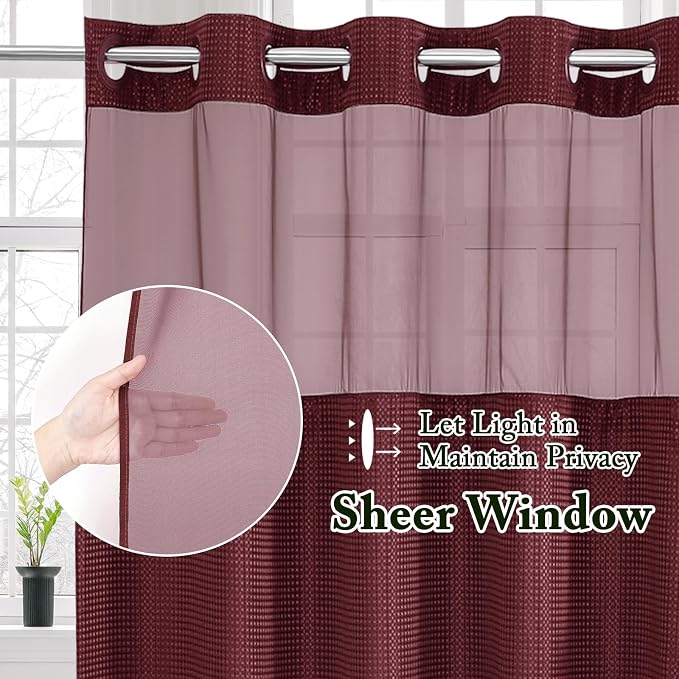 No Hook Cloth Burgundy Shower Curtain with Liner, 72x74 | Snap-in Fabric Liner, Hotel Style with Mesh Top Window, Waterproof Coating, Machine Washable, Rustproof Grommets
