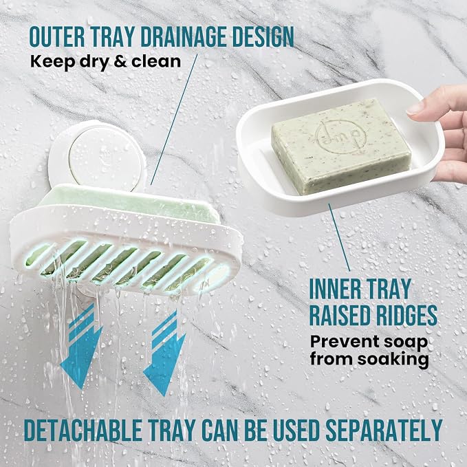 TAILI Soap Holder, Soap Dish for Shower Suction Cup, Bar Soap Holder, White | Removable Soap Holder Shower, Soap Tray for Shower Wall, Drill Free Sponge Holder, Bathroom & Kitchen, No drill