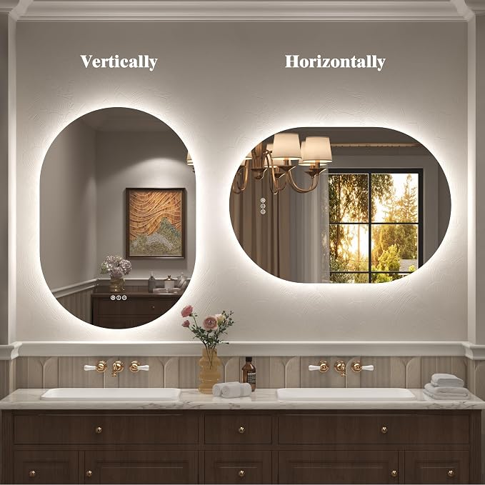 40x24 Inch Oval Backlit LED Bathroom Mirror for Wall | Stepless Dimmable, Shatter-Proof, Anti-Fog, 3 Colors, Memory, Phill-shaped, ETL Listed(Horizontal/Vertical)