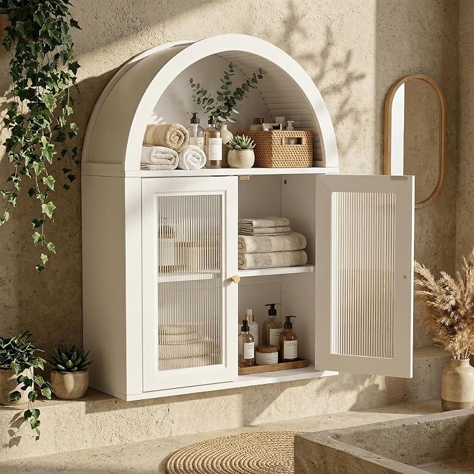 Arched Bathroom Wall Cabinet, Boho Medicine Cabinet with Tempered Glass Doors, Above Toilet Storage Cabinet, Wall Mounted Adjustable Shelf for Living Room, Restroom,White