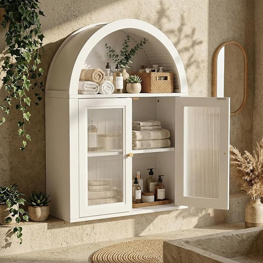 Arched Bathroom Wall Cabinet, Boho Medicine Cabinet with Tempered Glass Doors, Above Toilet Storage Cabinet, Wall Mounted Adjustable Shelf for Living Room, Restroom,White