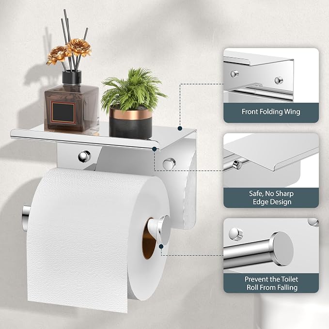 FORIOUS Toilet Paper Holder with Shelf, Adhesive or Screw, Chrome | Wall Mount Toilet Paper Roll Holder for Bathroom, Stainless Steel Commercial Toilet Tissue Roll Dispenser with Phone Shelf