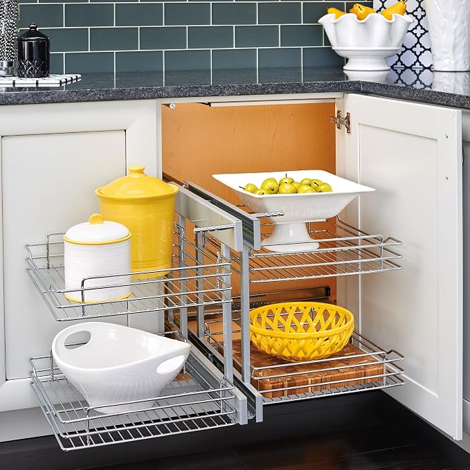 Rev-A-Shelf Dual Pullout Organizer for Cabinets, Min Opening Width of 18" | Two-Tier Adjustable 4-Basket Bottom Storage Shelves for Blind Corner Base Kitchen Cabinets, Heavy Duty Chrome Wire,5PSP-18-CR