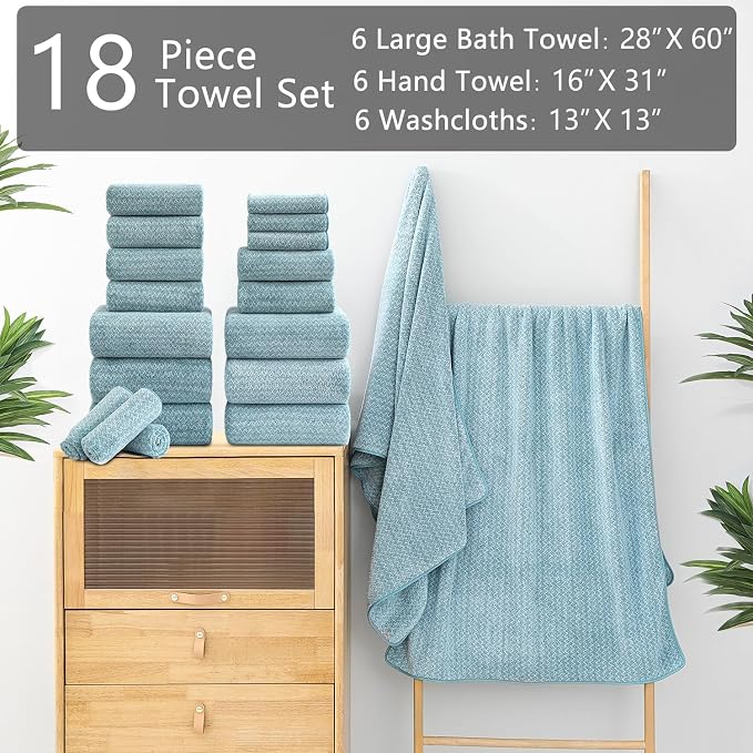 18 Piece Bath Towels Set,100% Microfiber Family Bathroom Towel with Hanging Loops-6 Bath Towels,6 Hand Towels,6 Washcloths,Quick Dry Highly Absorbent Shower Towel for Bathroom,Hotel,Spa-Turquoise