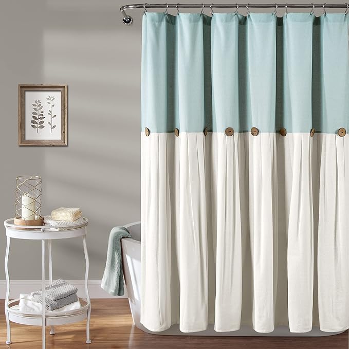 Lush Decor Linen Button Shower Curtain Single 72" W x 84" L Blue & White - Extra Long Shower Curtains - Blue Shower Curtain Fabric - Farmhouse Bathroom Decor