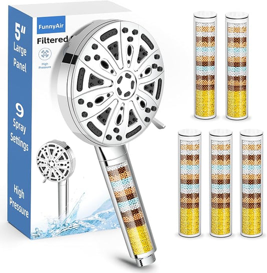 Filtered Handheld Shower Head, 9 Spray Modes High Pressure, 5 Replacement Filters Included, Hard Water Softener 20-Stage Filtration, Remove Chlorine, Relieve Dry Itchy Skin, 5 Filters-Chrome