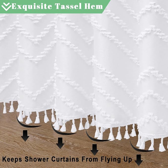 Extra Long White Boho Shower Curtain, Chic Tufted Chevron Striped Textured Cloth Fabric Shower Curtains with Tassel for Bathroom, Soft Hotel Style Farmhouse, Machine Washable, 72x96