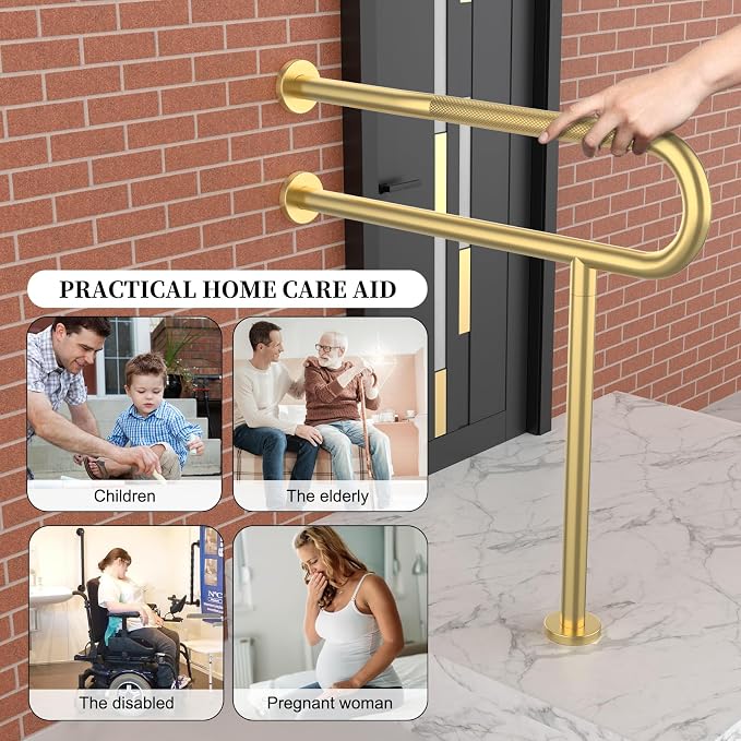 Toilet Support Rail 32 Inch, Munzong Anti-Slip Gold Handicap Grab Handrail | Bathroom Stainless Steel Floor Rails Knurled Safety Handrails with Leg for Elderly Disabled Pregnant-1.25’Tube