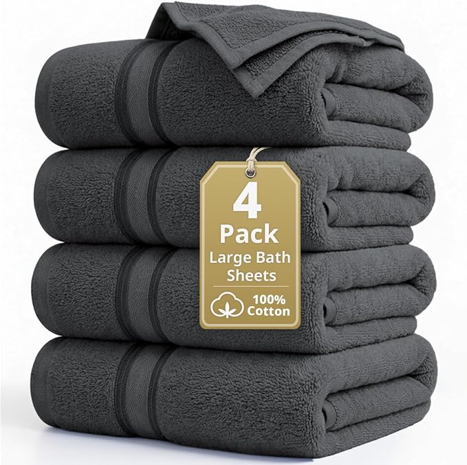 LANE LINEN 100% Cotton Bath Sheets - Exclusive Zero Twist Technology - 4 Pack (35"x66") Large Bath Towels Set - Ultra Soft, Fade Resistant & Quick Drying - Holds well after Multiple Washes - Cool Gery