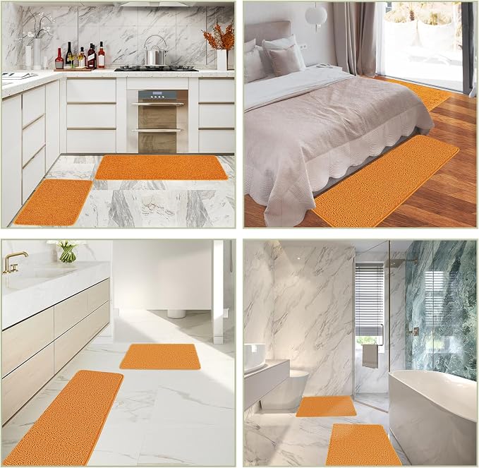 Flame Orange Bathroom Rugs Sets 2 Piece – Absorbent and Washable Bath Mat, Non-Slip, Thick Soft Chenille Bath Rugs for Bathroom Floor, Shower, Sink - 20" x 32"+24" x 36"