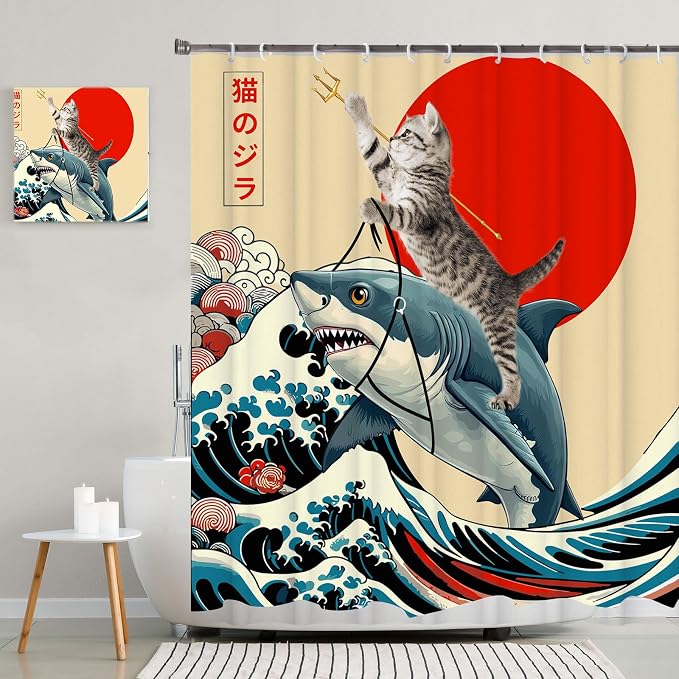Funny Japanese Cat Shower Curtain, Vintage Cat Riding Shark Japan Anime Sunset Wave Waterproof Shower Curtain with Hooks, Animal Fabric Shower Curtains Bathroom Decor 72X72inches