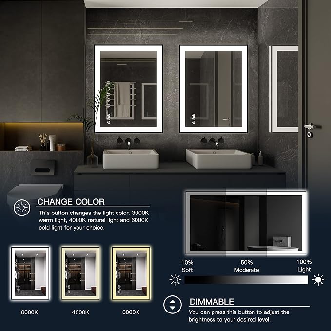 ISKM 84x32 Framed LED Bathroom Mirror, Dimmable Front & Backlit, Anti-Fog | 3 Color Temps(3000K/4000K/6000K), Stepless Dimming 10%-100%,Shatterproof Tempered Glass, IP65 Waterproof,Plug-In or Hardwired