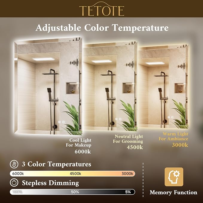 20 x 28 Backlit Mirror Bathroom, LED Vanity Mirror with Beveled Edge, Tempered Glass, 3 Colors Lights, Anti-Fog, Dimmable, Memory Function, UL-Listed, Frameless LED Vanity Wall Mirror