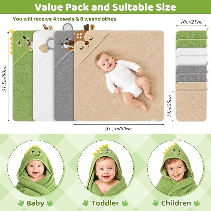 12 PCS Baby Bath Towels Set, Baby Towels for Newborn Bath Essentials Gifts | Animal Hooded, Ultra Thick Soft Absorbent, 4 Baby Towels & 8 Washcloths for Boy Girl Infants (Dinosaurs, Sheep, Elk, Bear)