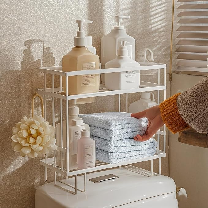 ShellKingdom Over The Toilet Storage Shelf, 2 Tier Toilet Paper Holder Rack | Punch-Free Bathroom Storage Rack with 2 Hooks, Small Space Organizers for Bathroom, Home, White