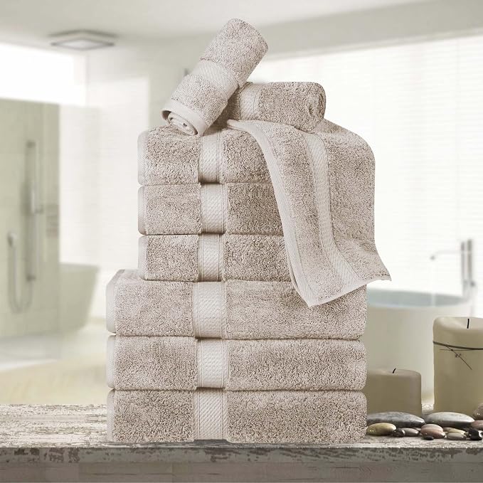 Superior Egyptian Cotton 800 GSM Plush & Absorbent, 9 Piece Set, Stone | Quick Dry, Soft Luxury Towel Set, Bath Essentials, Guest Bath, Spa, 3 Bath, 3 Hand, 3 Face Towel, Madeline Towels