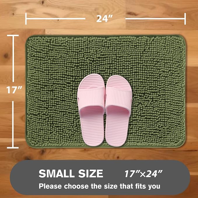 Sage Bathroom Rugs – Absorbent and Washable Bath Mat, Non-Slip, Thick Soft Chenille Bath Rugs for Bathroom Floor, Shower, Sink - 17" x 24"