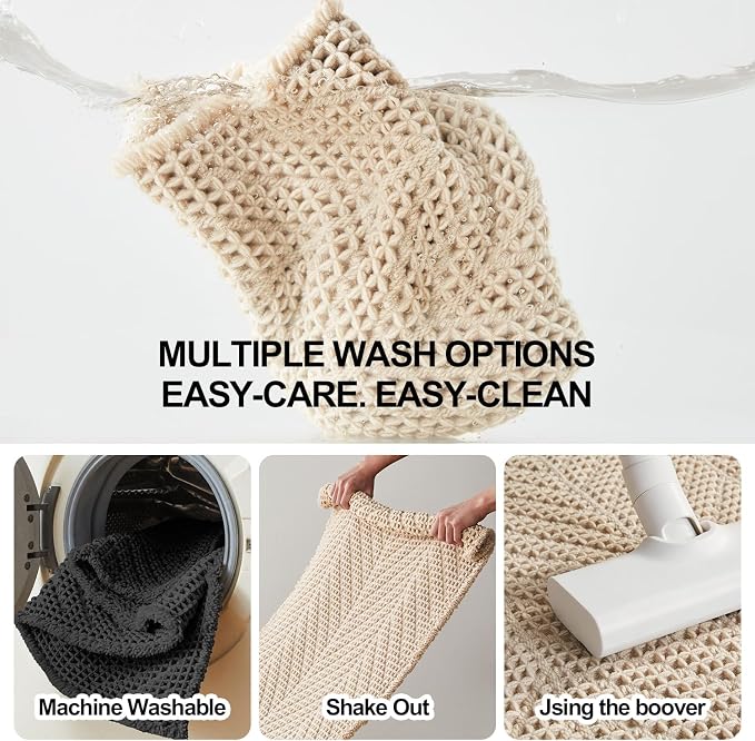 Sunfly Waffle Bath Mat, Boho Bath Rugs for Bathroom Floor Super Absorbent & Quick Dry, Non-Slip Washable Bath Mat with Tassels, Ultra Soft Farmhouse Bathroom Decor 16"*24" Beige