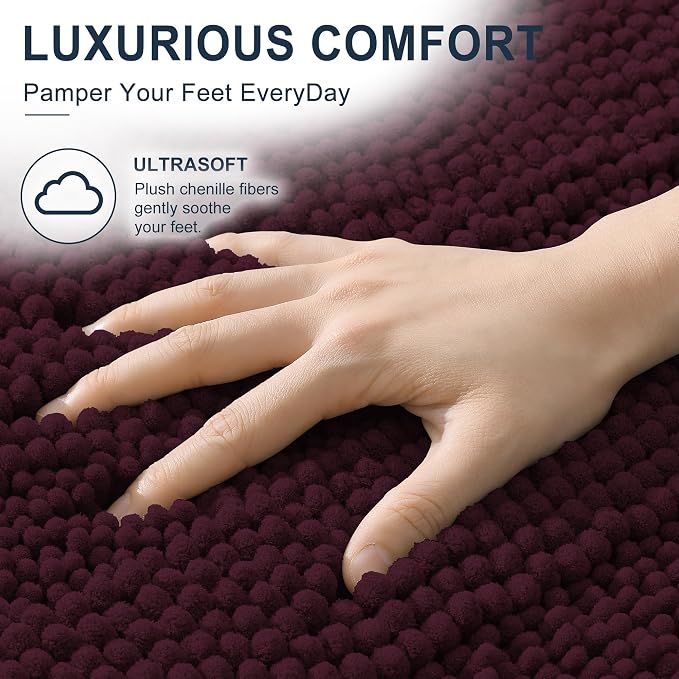 Smiry Thick Small Chenille Bathroom Rugs 24x16, Soft Bath Mat, Black Cherry | Quick‑Dry & Machine Washable, Non‑Slip Bath Carpet, Striped Bath Rugs for Tub & Shower, Modern Home Decor Accessories