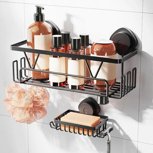 KEGII Suction Cup Shower Caddy Shower Organizer Shelf Bathroom Storage | 2 Pack Stainless Steel No Drill Shower Suction Shelf with Soap Holder & Hooks, Shampoo Holder Bathroom Basket, Black