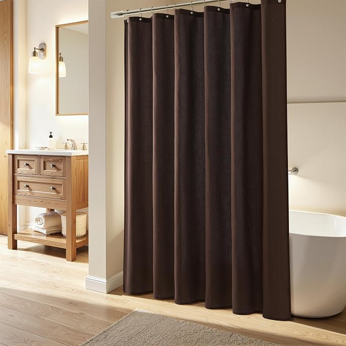 Extra Long Linen Shower Curtain 96 Inch Long for Bathroom Boho Farmhouse Fabric Shower Curtains Set with Hooks Neutral Cloth Modern Cottage Core Waterproof,Coffee Brown