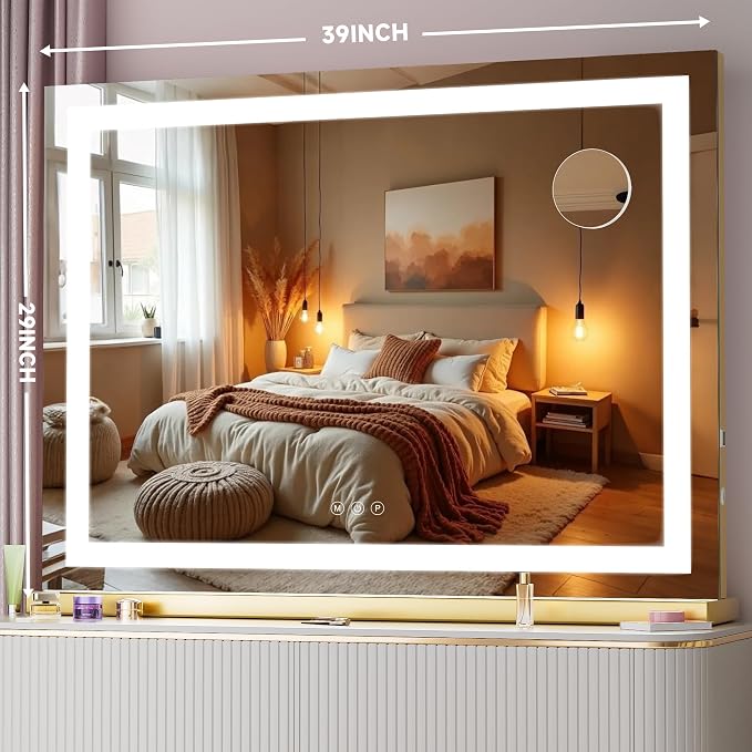 Vanity Mirror with Lights, 40" x 29" LED Makeup Mirror with 10X Magnification, Dimmable 3 Modes, Memory Function, Smart Touch, USB Charging Port, Lighted Makeup Mirror Square Glod