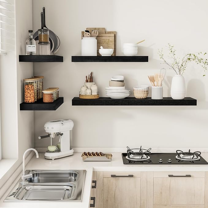 Vivelove 12" Deep Floating Shelves 24x12” Set of 2, Black | Easy Install With Hardware, 2" Thick, Invisible Brackets, Wall Mounted, No Sagging, For Any Room